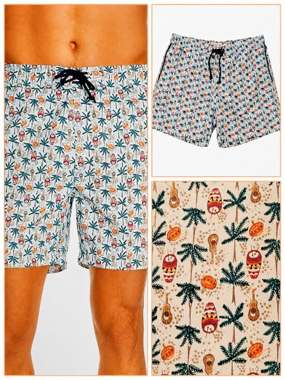 Penguin Munsingwear Novelty Print Palm Trees, Ukuleles, Bongo Drums Swim Shorts